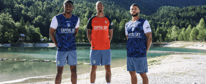 Luton Town FC away kit release with Capital Sky 25/26 season with new players in Slovenia